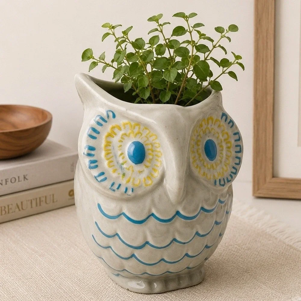 Vintage Ceramic Owl Vase Brush Holder, Vanity Organizer